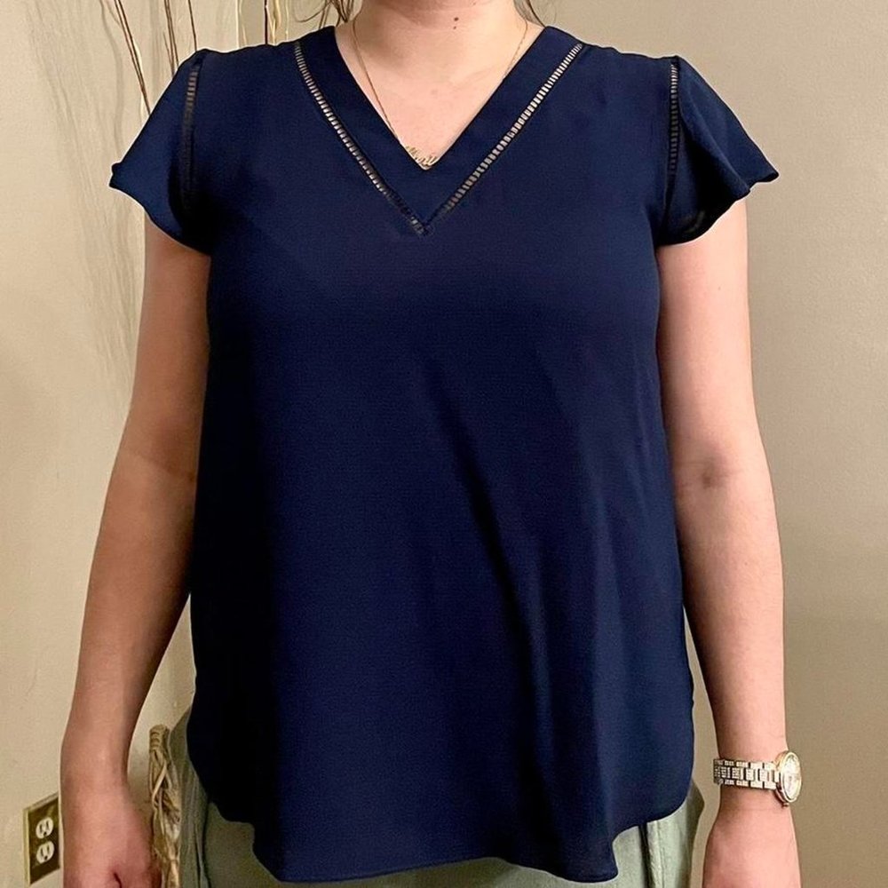 Navy Short Sleeved V Neck Blouse